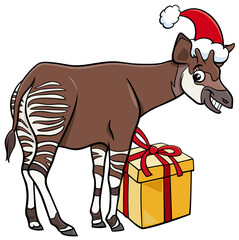 cartoon okapi animal character with gift on Christmas time