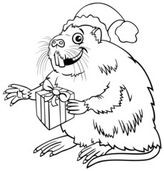 cartoon coypu on Christmas time coloring book page