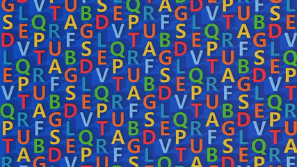 Colorful letters pattern. Blue background, Abstract illustration, 3d render.