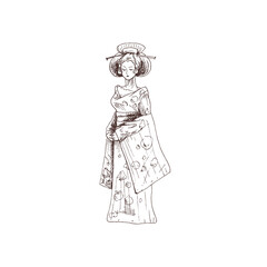 Fototapeta na wymiar Woman dressed in kimono. Vintage vector hatching illustration