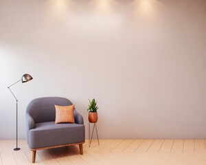 Entrance hall with armchair, side table, decorations and cushion. 3d rendering