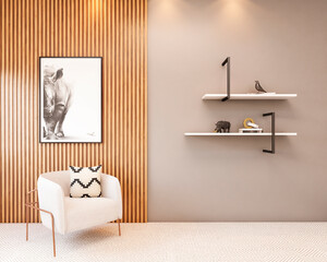 Entrance hall with gray wall, slatted panel, armchair and decorated shelves. 3d rendering