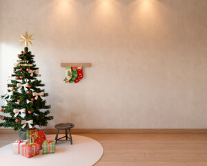 Living room with Christmas decoration including Christmas tree, gifts and socks. 3d rendering
