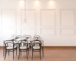 Dining room with glass table, chairs, decorations, pendant and white wall with boseries. 3d rendering