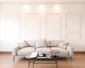 Living room with white wall with boseries, large sofa, pillows, decorations, coffee table and books. 3d rendering