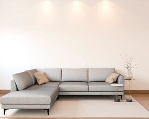 Living room with large gray sofa, pillows, side tables and decorations. 3d rendering