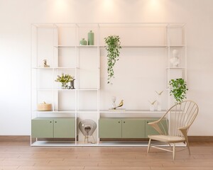 Living room with bookcase, decorations, books, arrangements, chair and wooden floor. 3d rendering