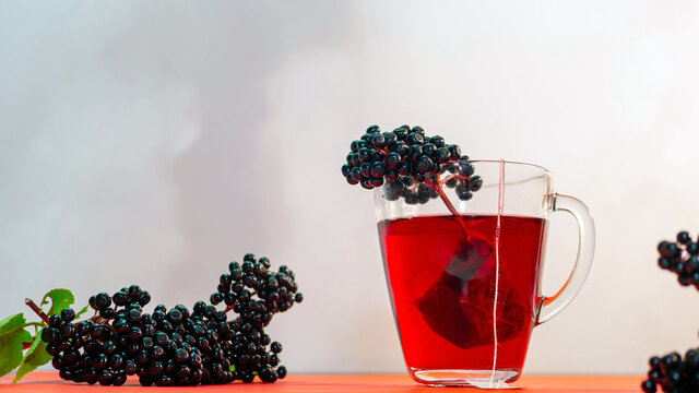 Healing tea from black elderberries, homeopathy, red hibiscus tea copy space.