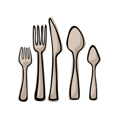Doodle-style tableware, top view. Cutlery, such as a knife, spoon, fork. Color vector illustration on an isolated white background