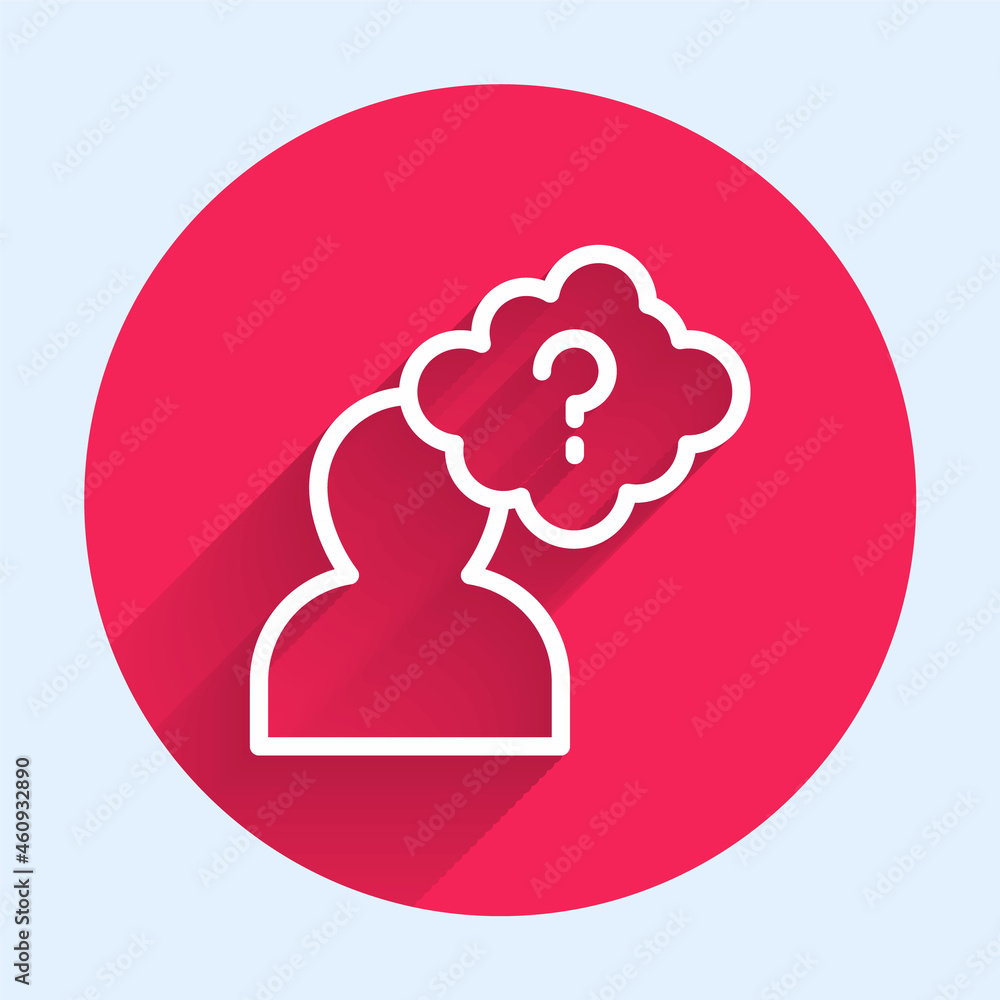Poster white line human head with question mark icon isolated with long shadow. red circle button. vector
