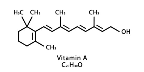 Vitamin A Retinol molecular structure. Vitamin A Retinol skeletal chemical formula. Chemical molecular formulas - obrazy, fototapety, plakaty