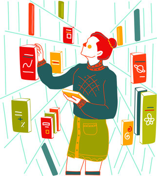 The girl is looking for the necessary books in the library 