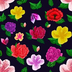 Seamless pattern with flowers on black background