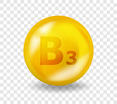 Vitamin B3 Niacin. Vitamin complex illustration concept. B3 Niacin pill capsule. 3D Yellow drug nutrition design