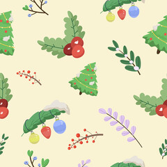 christmas seamless pattern with fir trees and berries