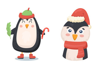 cute penguin in christmas clothes with sugar cane