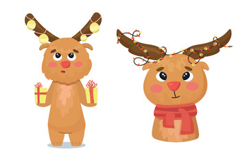 cute elk and deer in christmas clothes