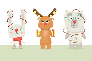 cute hare, bear and elk are preparing for the new year