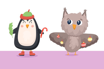 cute penguin and owl are preparing for the new year