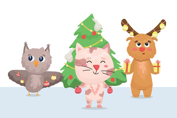 Naklejka premium owl, kitten and elk decorate the christmas tree