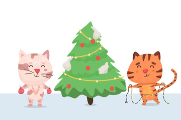 cat and tiger decorate christmas tree