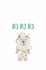 cute christmas poster with phrase ho ho ho and polar bear