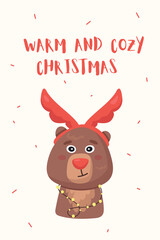 Obraz na płótnie Canvas cute christmas poster with bear and the phrase warm christmas