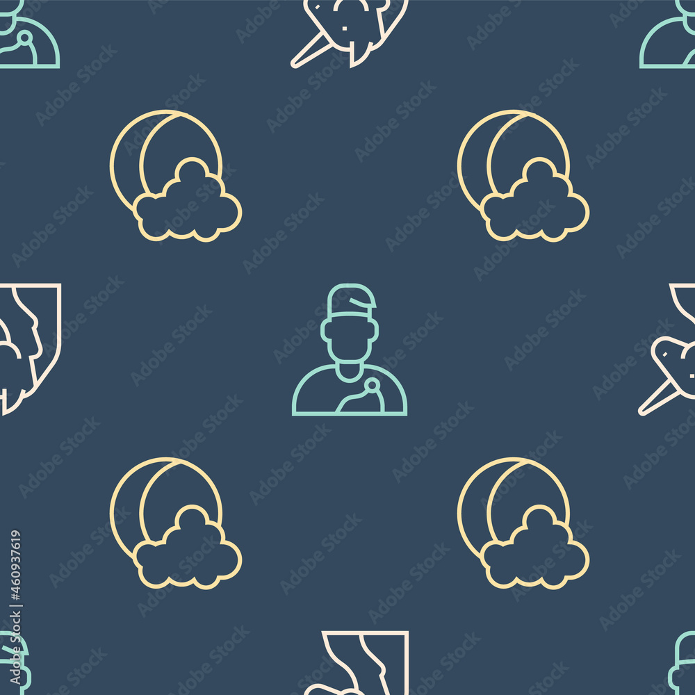 Aufkleber set line unicorn, moon and stars and wizard warlock on seamless pattern. vector