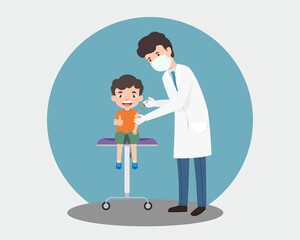 Fototapeta premium Coronavirus vaccination concept. Vaccine distribution for general population concept illustration. Coronavirus COVID-19 protection. Doctor gives vaccine shot to shoulder of kids in hospital.