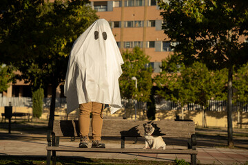 Spooky man and pug dog wearing costumes for halloween