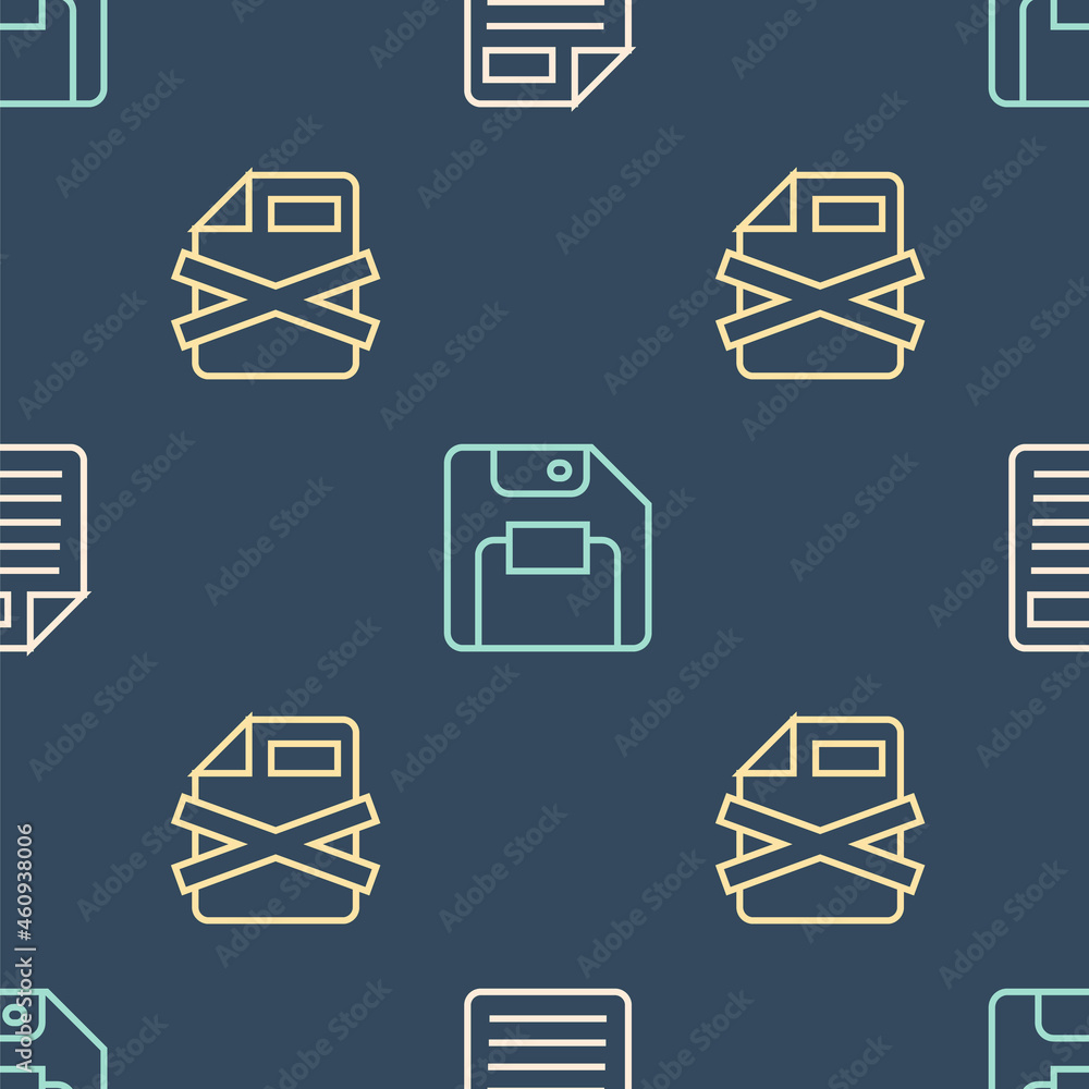 Poster set line file document, delete file and floppy disk on seamless pattern. vector