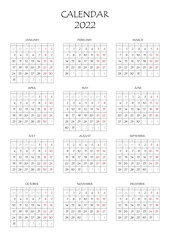 2022 calendar planner. Corporate week. Template layout, 12 months yearly, white background. Simple design for business brochure, flyer, print media, advertisement. Week starts from Monday