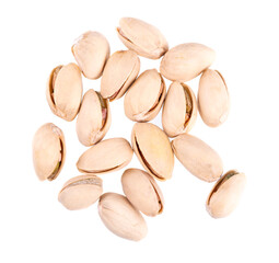 Pistachio nuts, isolated on white background. Salted roasted pistachios. Top view.