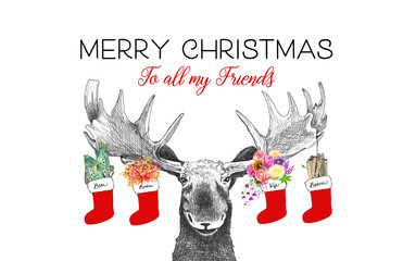 Funny Christmas moose with Christmas stockings hanging from antlers, holiday party animal drawing for invitations or card, hand drawn sketch of moose with Merry Christmas text