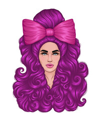 Vector drawn portrait of a beautiful young glamorous woman.  Fashion girl model with long curly locks crimson hair pinned with a big pink bow. Beauty concept print Design on t-shirt