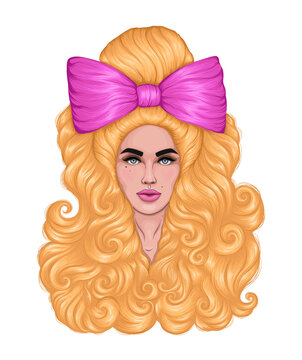 
Vector drawn portrait of a beautiful young glamorous blonde woman.  Fashion girl model with long curly locks yellow hair pinned with a big pink bow. Beauty concept Design card, print on t-shirt