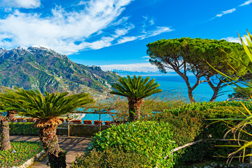 Fototapeta na wymiar Beautiful town of Ravello sits above the Amalfi Coast's seaside fishing villages, perched on a great spur of rock, above the Mediterranean Sea