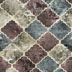 Seamless Moroccan Tile Mosaic Grungy Pattern for Surface Print. High quality illustration. Ornate distressed tribal bohemian geometry swatch in perfect repeat. Geometric textile design.