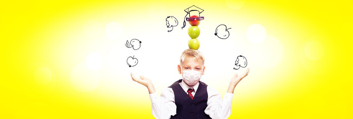 Young boy with protection mask against corona virus at school.