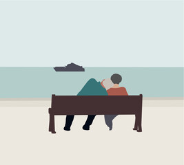 Senior couple sitting on a bench in summer near lake. Happy man and woman enjoying nature and hugging. Leisure, retirement vector illustration.