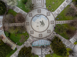 Main Square of Aysén, South of Chile. Patagonia. Aerial view from drone
