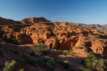 Travel. Desert landscape. Panorama view of the red desert, sandstone, cliffs and rocky mountains under a blue sky in Sierra de las Quijadas national park, San Luis, Argentina.