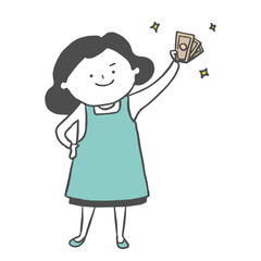 お札を握りしめ笑う主婦