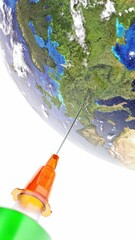 Medical syringe with a needle vaccinated the planet Earth. 3D rendering. Elements of this image furnished by NASA.
