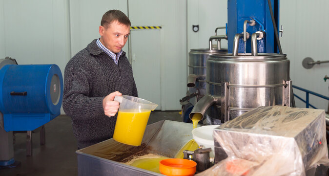 Confident male worker controlling quality of olive oil of traditional cold pressing on artisanal olive oil factory