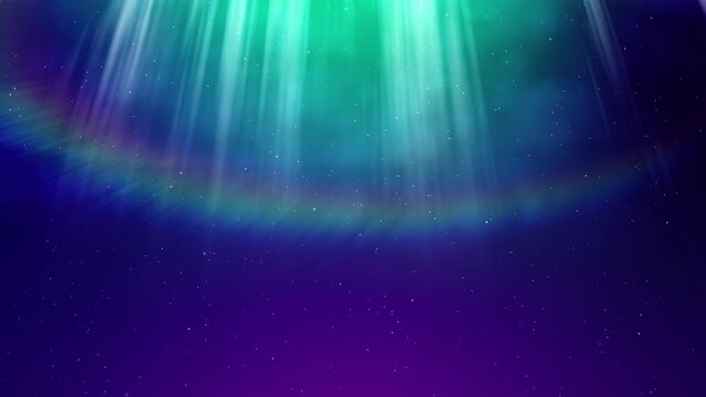 Flying particles in green and blue light streaks. Beautiful Northern Lights from sky with lens flare. Gradient background.