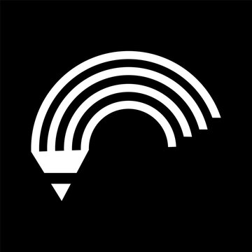 Semicircle from pencil. White icon. Black background. Creative art logo. Hand draw. Vector illustration. Stock image.