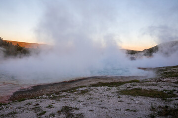 Midway Geyser Basin at sunset, Yellowstone National Park Wyoming. Blue hours.