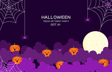 Obraz na płótnie Canvas Happy Halloween banner or party invitation background with pumpkin jack o lantern ghost flying bats spiderwebs on background. Halloween pattern.