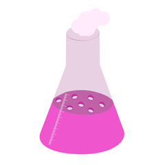 An outline jpeg illustration of a graduated glass conical flask isolated on white background. Designed in pink colors for medical concepts